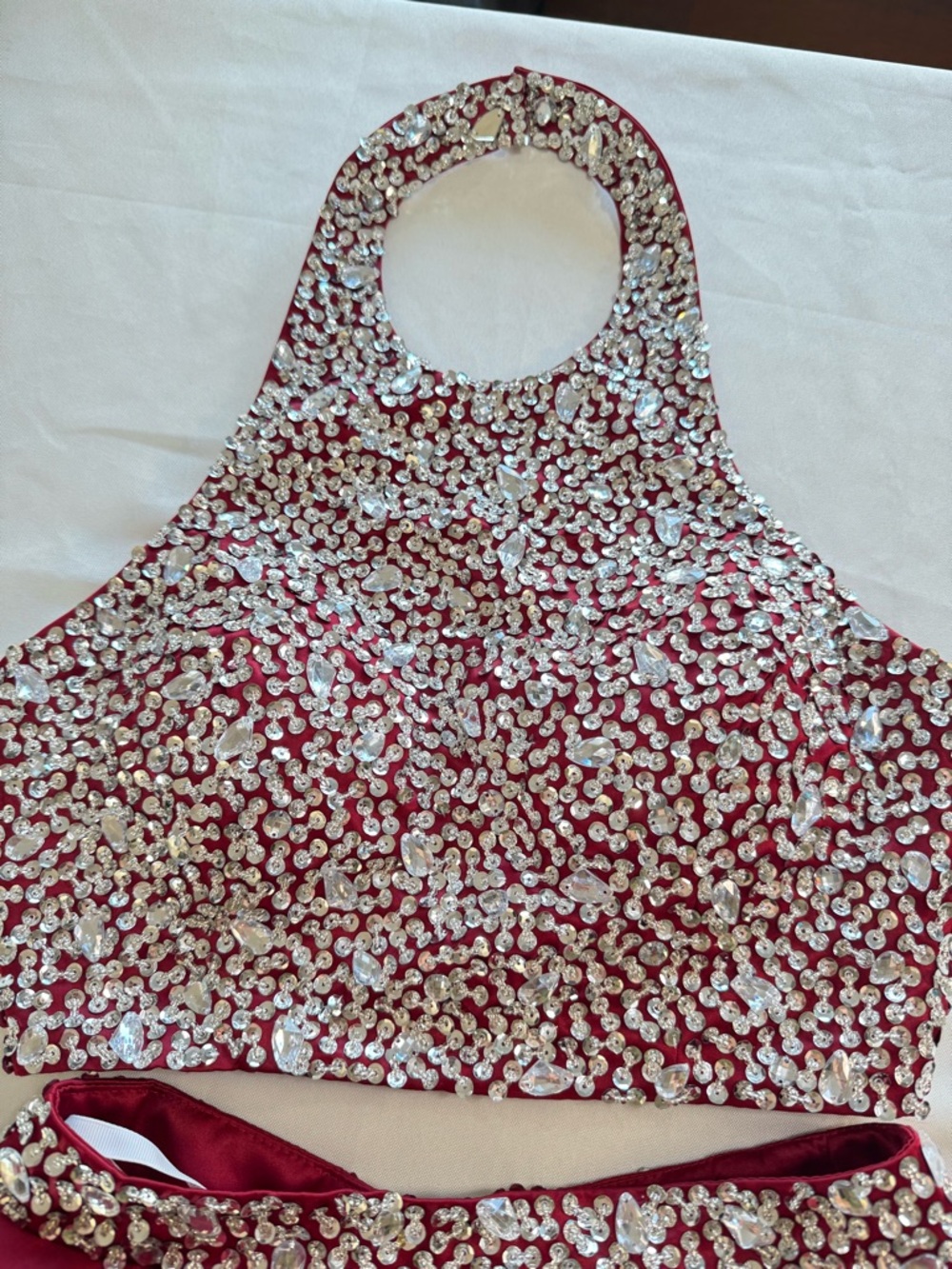 Red Rhinestone Two Piece Prom Dress Set Halter Beaded Formal - Picture 3 of 16
